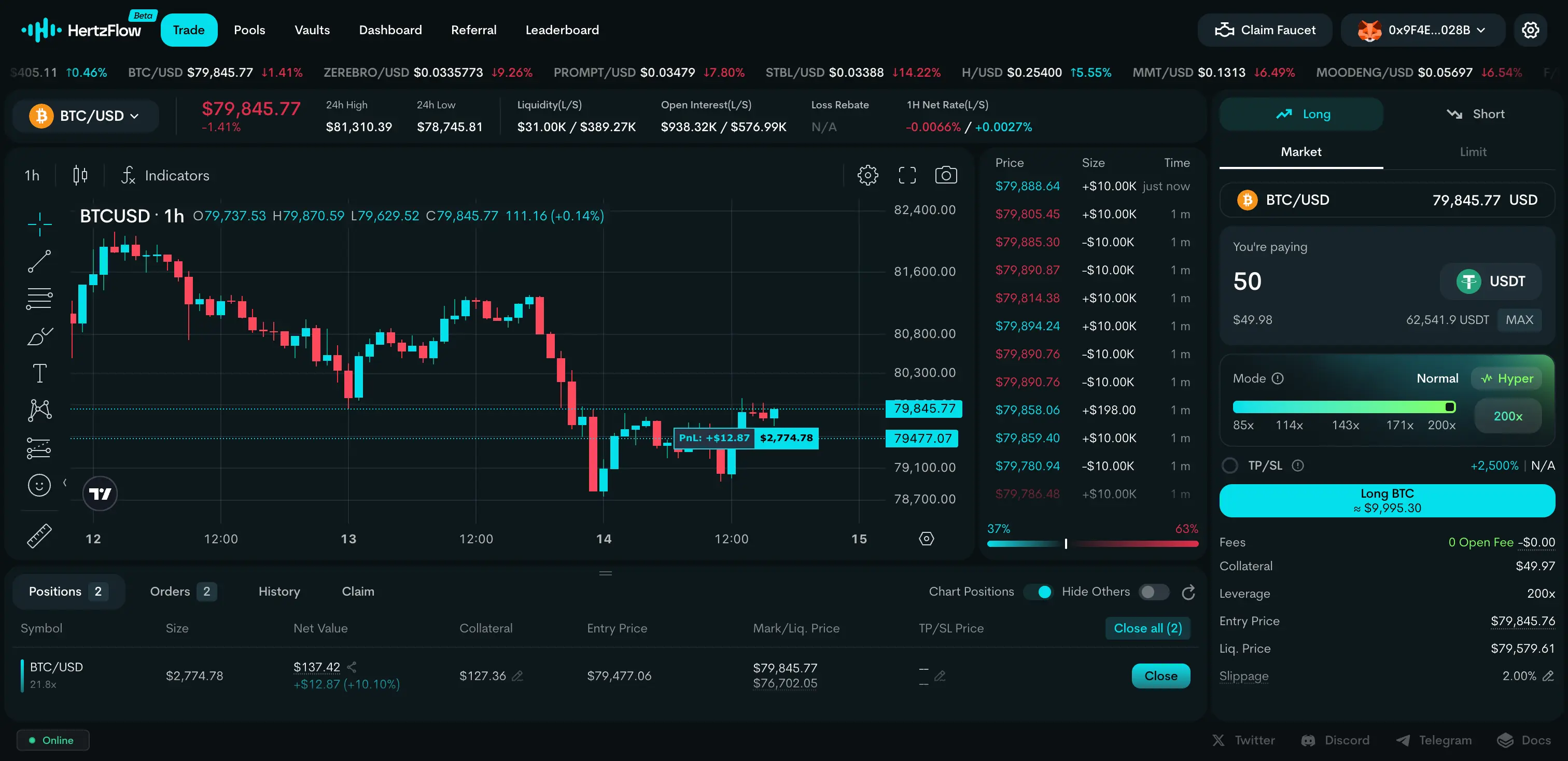 HertzFlow trading interface — leverage trading terminal with real-time charts and position management